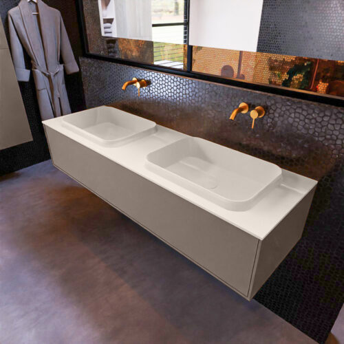 MONDIAZ ERIN 150cm mueble de baño color Smoke 1 cajón. Lavabo RIDGE Doble sin orificio color Linen.