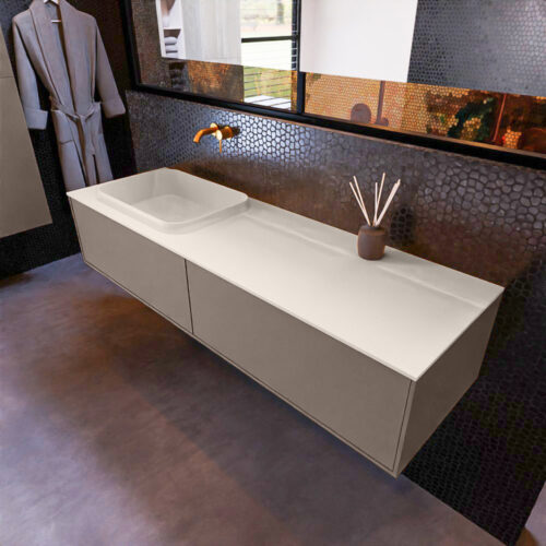 MONDIAZ ERIN 150cm mueble de baño color Smoke 2 cajones. Lavabo RIDGE Izquierda sin orificio color Linen.