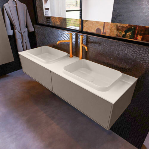 MONDIAZ ERIN 150cm mueble de baño color Smoke 2 cajones. Lavabo RIDGE Doble 2 orificios color Linen.