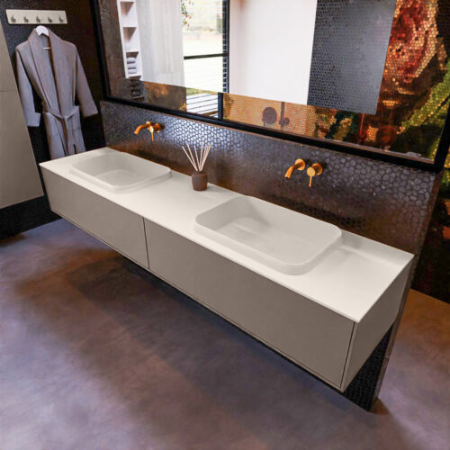 MONDIAZ ERIN 200cm mueble de baño color Smoke 2 cajones. Lavabo RIDGE Doble sin orificio color Linen.