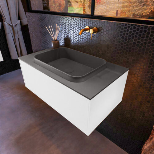 MONDIAZ ERIN 80cm mueble de baño color Talc 1 cajón. Lavabo RIDGE Centro sin orificio color Dark Grey.