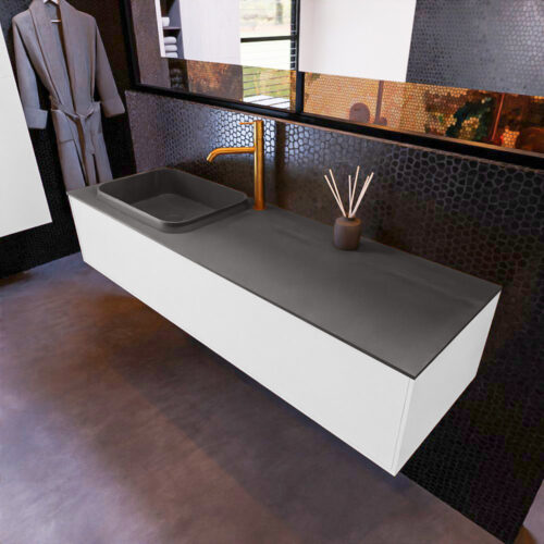 MONDIAZ ERIN 150cm mueble de baño color Talc 1 cajón. Lavabo RIDGE Izquierda 1 orificio color Dark Grey.