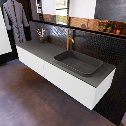 MONDIAZ ERIN 150cm mueble de baño color Talc 2 cajones. Lavabo RIDGE Derecho 1 orificio color Dark Grey.