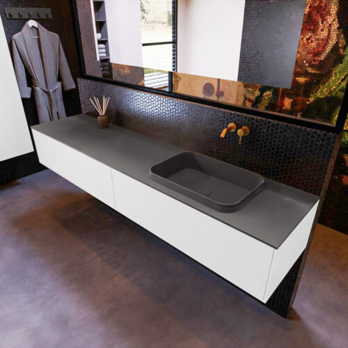 MONDIAZ ERIN 200cm mueble de baño color Talc 2 cajones. Lavabo RIDGE Derecho sin orificio color Dark Grey.