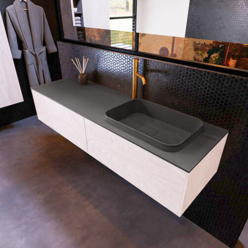 MONDIAZ ERIN 150cm mueble de baño color Underlayment 2 cajones. Lavabo RIDGE Derecho 1 orificio color Dark Grey.