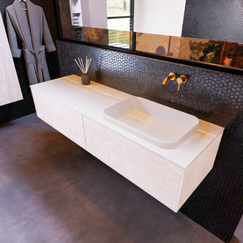 MONDIAZ ERIN 150cm mueble de baño color Underlayment 2 cajones. Lavabo RIDGE Derecho sin orificio color Talc.