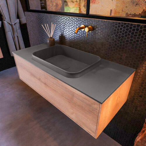 MONDIAZ ERIN 100cm mueble de baño color Washed Oak 1 cajón. Lavabo RIDGE Centro sin orificio color Dark Grey.