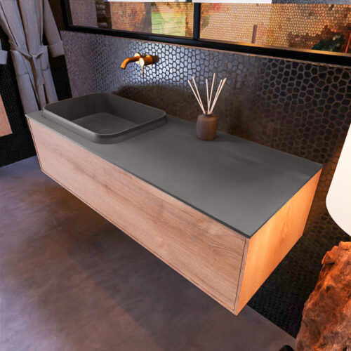 MONDIAZ ERIN 120cm mueble de baño color Washed Oak 1 cajón. Lavabo RIDGE Izquierda sin orificio color Dark Grey.