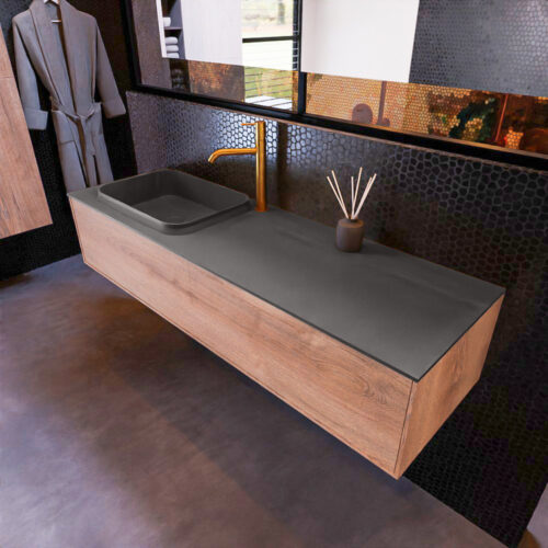 MONDIAZ ERIN 150cm mueble de baño color Washed Oak 1 cajón. Lavabo RIDGE Izquierda 1 orificio color Dark Grey.