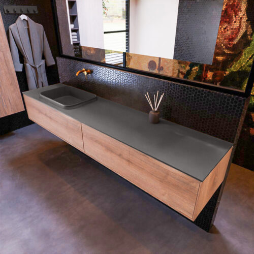 MONDIAZ ERIN 200cm mueble de baño color Washed Oak 2 cajones. Lavabo RIDGE Izquierda sin orificio color Dark Grey.