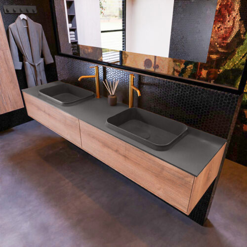 MONDIAZ ERIN 200cm mueble de baño color Washed Oak 2 cajones. Lavabo RIDGE Doble 2 orificios color Dark Grey.