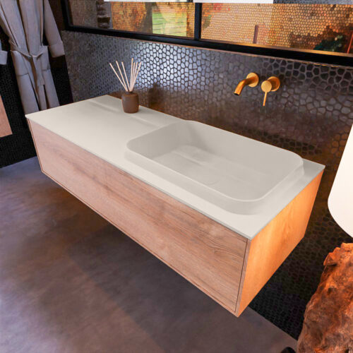 MONDIAZ ERIN 120cm mueble de baño color Washed Oak 1 cajón. Lavabo RIDGE Derecho sin orificio color Linen.