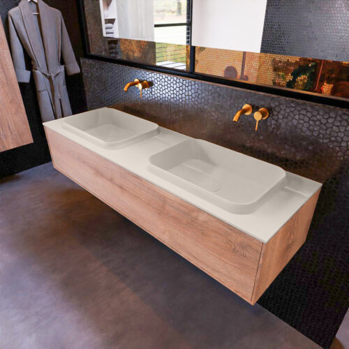 MONDIAZ ERIN 150cm mueble de baño color Washed Oak 1 cajón. Lavabo RIDGE Doble sin orificio color Linen.