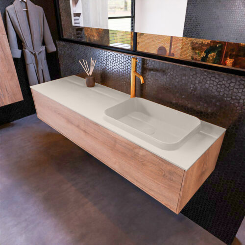 MONDIAZ ERIN 150cm mueble de baño color Washed Oak 1 cajón. Lavabo RIDGE Derecho 1 orificio color Linen.