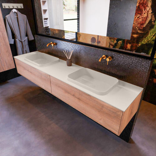 MONDIAZ ERIN 200cm mueble de baño color Washed Oak 2 cajones. Lavabo RIDGE Doble sin orificio color Linen.