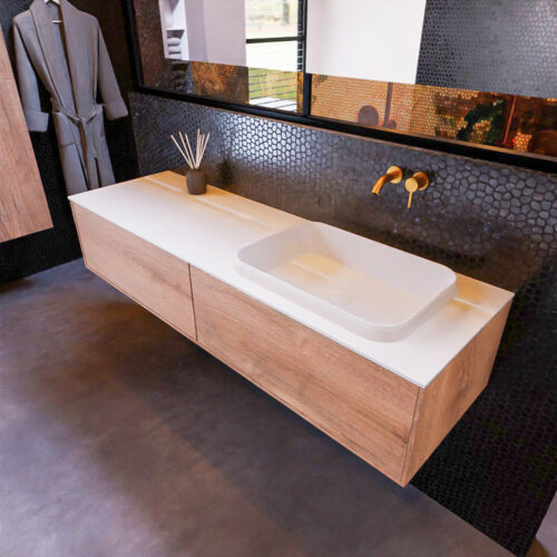 MONDIAZ ERIN 150cm mueble de baño color Washed Oak 2 cajones. Lavabo RIDGE Derecho sin orificio color Talc.