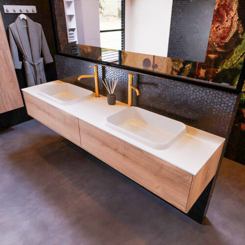 MONDIAZ ERIN 200cm mueble de baño color Washed Oak 2 cajones. Lavabo RIDGE Doble 2 orificios color Talc.