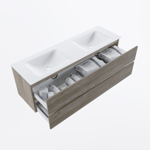 MONDIAZ VICA 150cm mueble de baño Light Brown Grey 2 cajones. Lavabo CLOUD Doble 2 orificios, color Talc. - Imagen 7