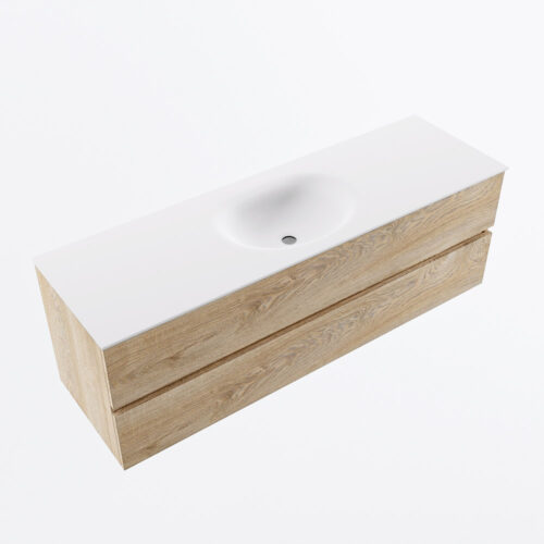 MONDIAZ VICA 150cm mueble de baño Washed Oak 2 cajones. Lavabo MOON Centro 1 orificio, color Talc. - Imagen 6