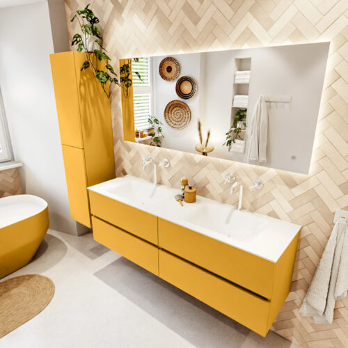 MONDIAZ VICA 160cm mueble de baño Ocher 4 cajones. Lavabo CLOUD Doble 2 orificios