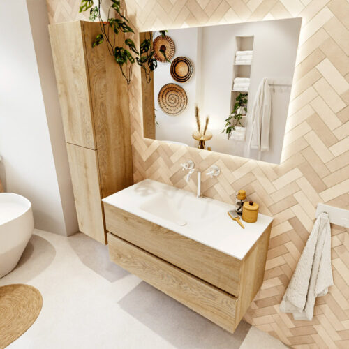 MONDIAZ VICA 100cm mueble de baño Washed Oak 2 cajones. Lavabo CLOUD Centro 1 orificio