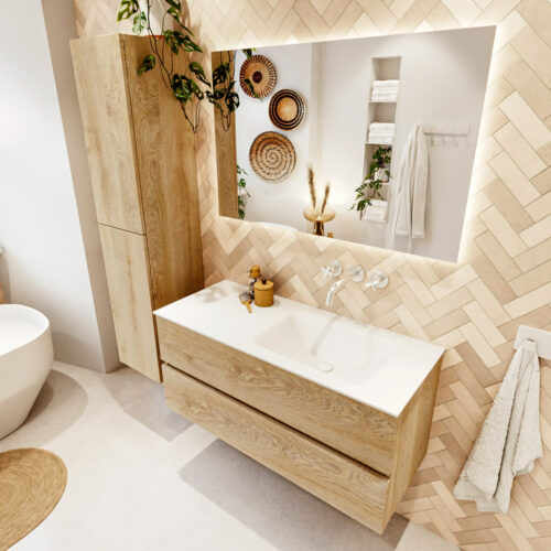 MONDIAZ VICA 110cm mueble de baño Washed Oak 2 cajones. Lavabo CLOUD Derecho sin orificio