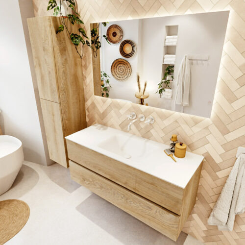 MONDIAZ VICA 120cm mueble de baño Washed Oak 2 cajones. Lavabo CLOUD Centro sin orificio