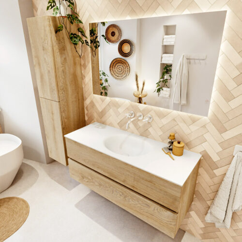 MONDIAZ VICA 120cm mueble de baño Washed Oak 2 cajones. Lavabo MOON Centro sin orificio